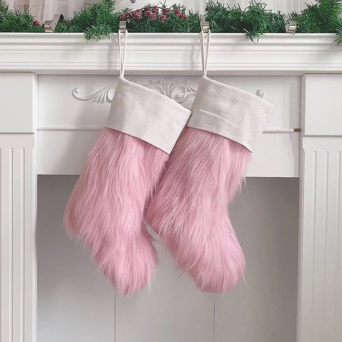 Christmas Stocking Pink White Fur Christmas Tree Ornaments Decor Christmas Gift Bags New Year