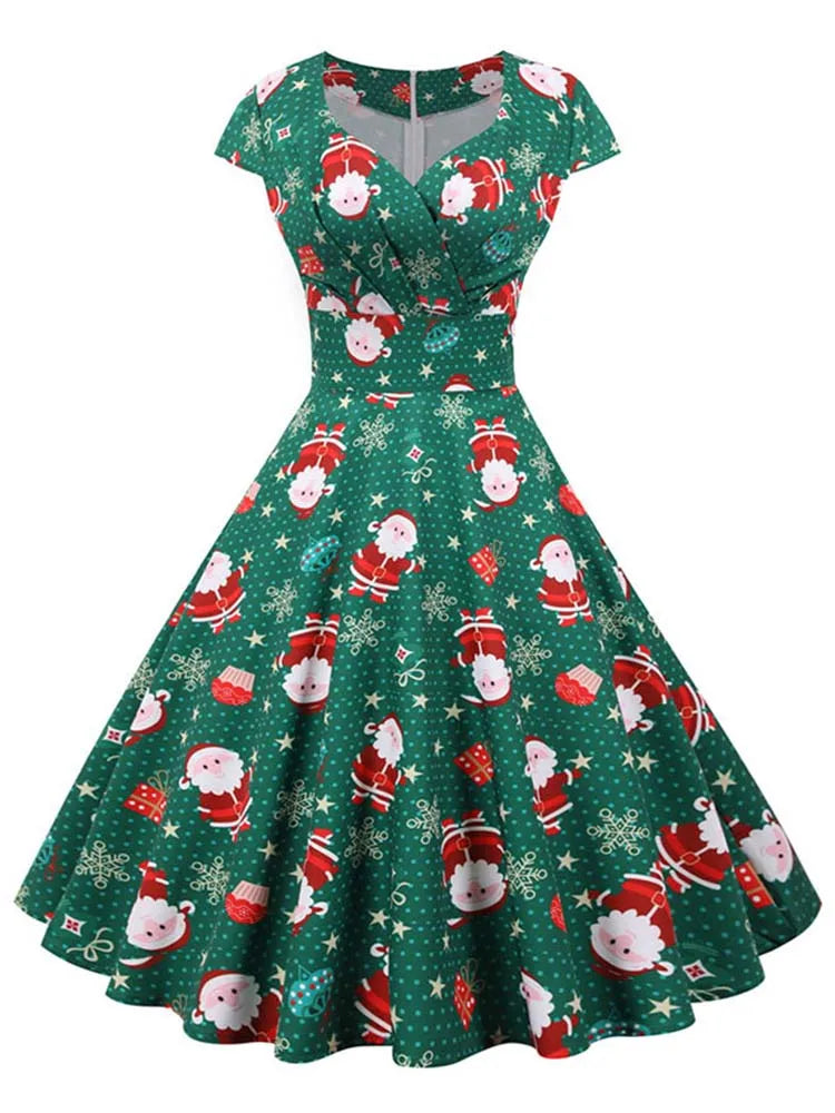White Print Vintage Christmas Dress Women Winter Big Swing Elegant Short Sleeve v Neck Sexy New Year Party Sundress