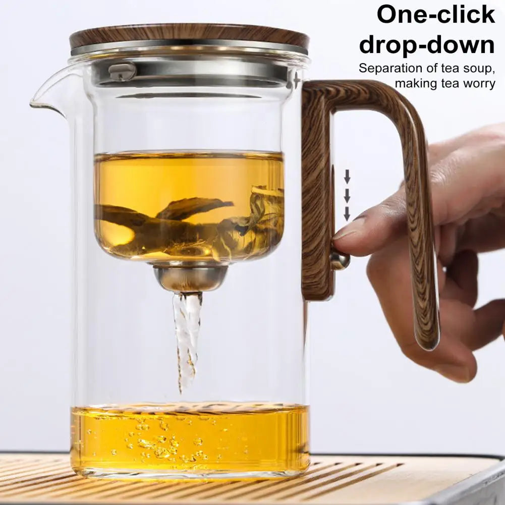 1 Set Teapot Water Separation Wooden Handle Glass Teapot With Infuser Anti-Scald Drip-Free Tea Infuser With Button Press