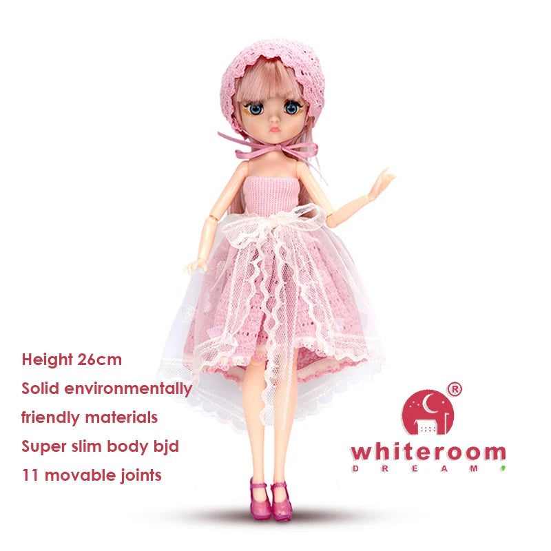 Slim 26cm Bjd Doll for Girl Purple Hair Big Eyes Fashion Princess Clothes Suit Accessories Decoration Eyelash Solid Doll Gift