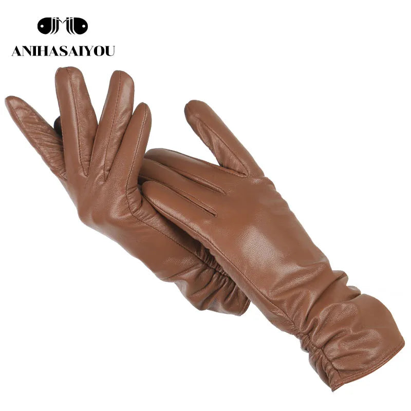 Classic Pleated Leather Gloves Women Color Real Leather Gloves Women Sheepskin Genuine Leather Winter Gloves Women-2081