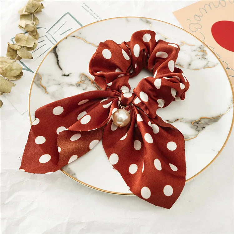 Chiffon Hair Scrunchies Women Fashion Pearl Ponytail Holder Hair Tie Hair Rope Rubber Bands Hair Accessories Bowknot Headwear