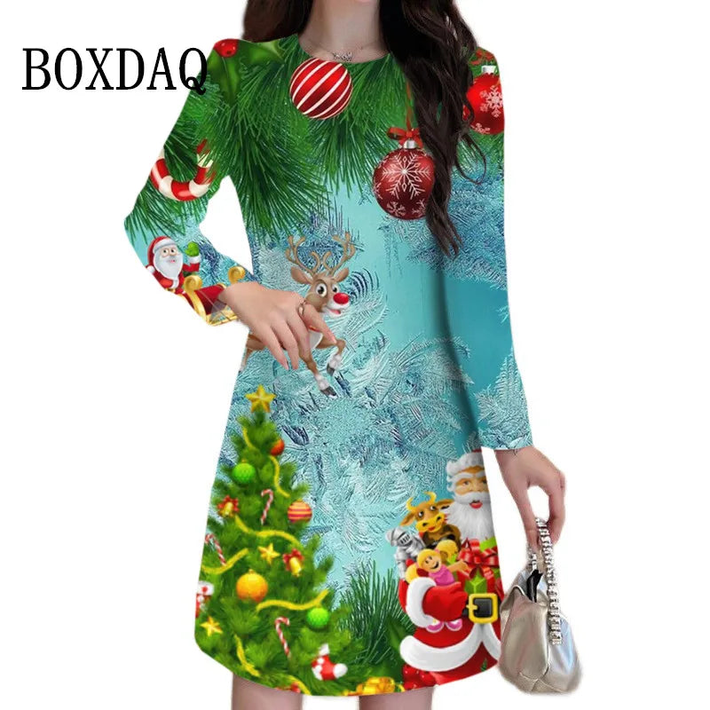 Cartoon Cute Print Women Dress Long Sleeve Santa Claus Pattern Christmas Dress Autumn Winter Casual Party Mini Dresses Plus Size