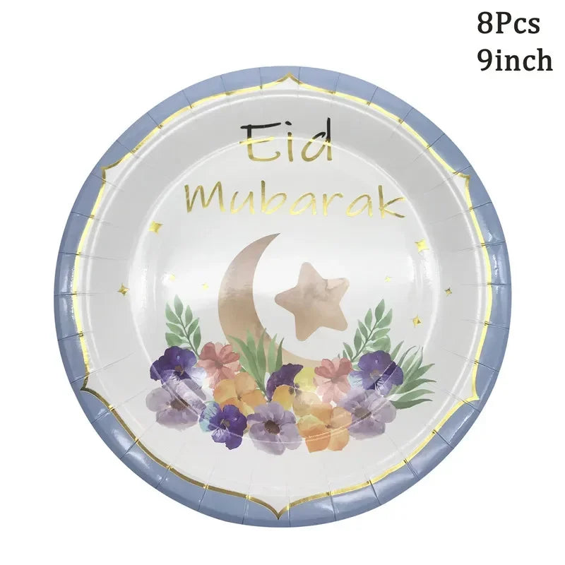 Hot Stamping Eid Mubarak Disposable Paper Plate Cup Napkin Islamic Muslim Eid Al Adha Home Party Decor Ramadan Kareem Supplies