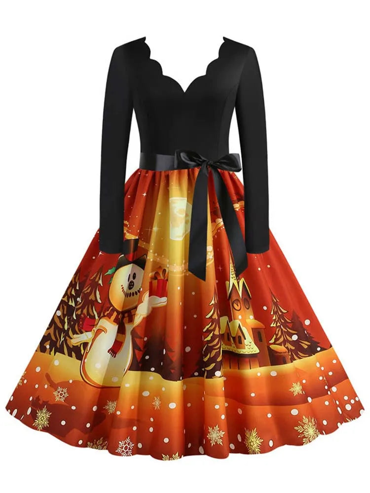 Black Big Swing Print Vintage Christmas Dress Women Winter Casual Long Sleeve v Neck Sexy New Year Party Dress S~3XL