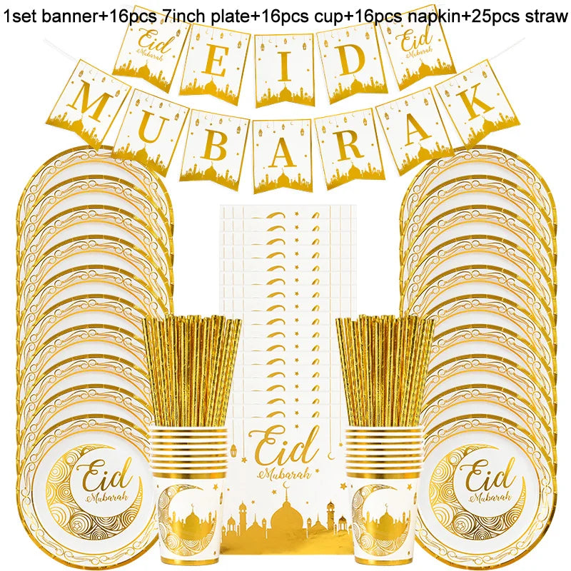 Eid Mubarak Disposable Tableware Gold Plate Cup Banner Gift Bags Islamic Muslim Party Supplies 2024 Ramadan Kareem Decorations