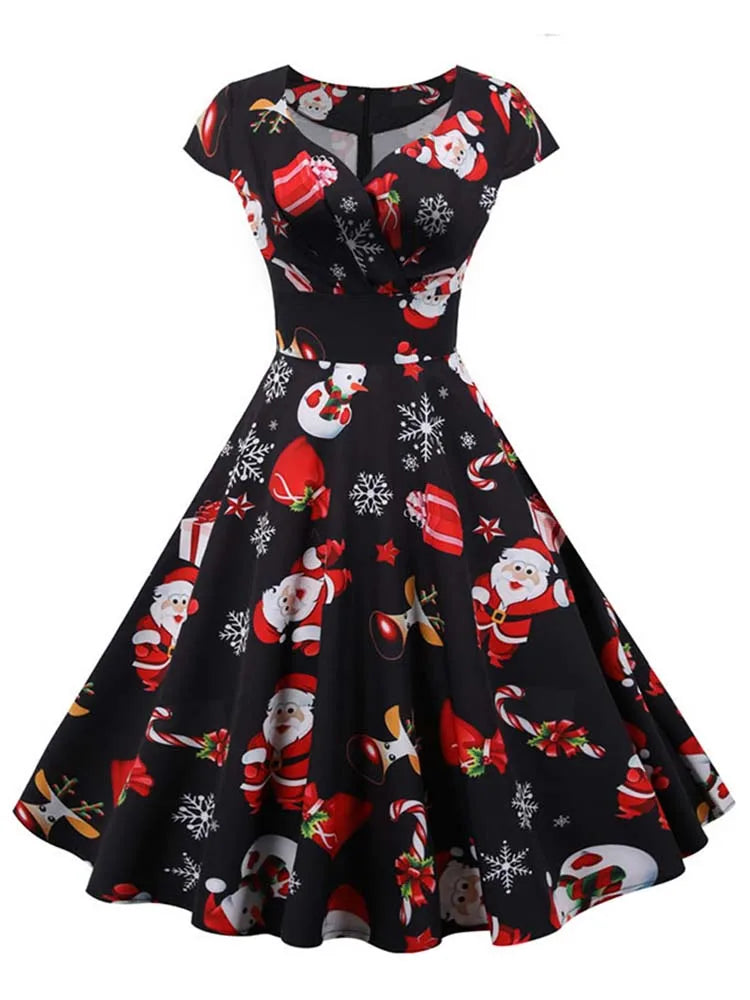 White Print Vintage Christmas Dress Women Winter Big Swing Elegant Short Sleeve v Neck Sexy New Year Party Sundress
