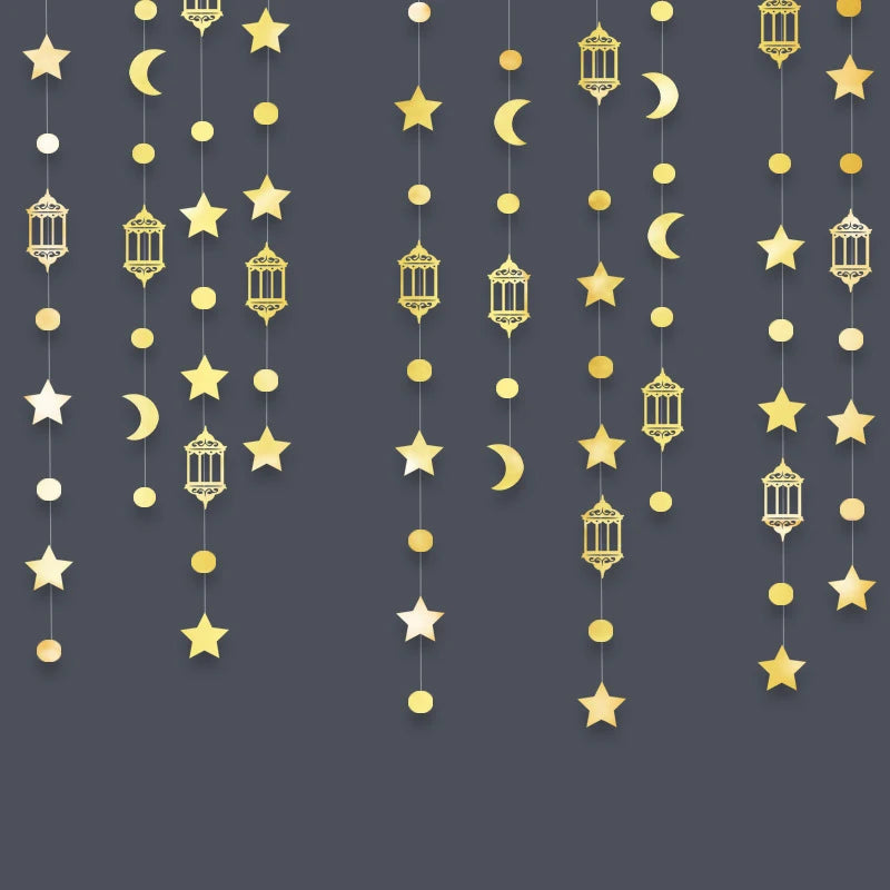 4M Ramadan Decoration 2024 Gold Moon Star Lamp Hanging Garland Ornament EID Mubarak Muslim Mubarak Party Supplies Eid Al-Fitr
