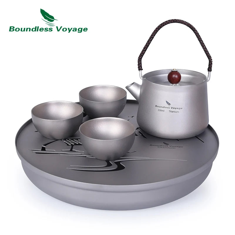 Boundless Voyage Tea Pot Cup Chinese Titanium Kung Fu Tea Set Camping Portable Ultralight Landscape Painting Tea Tray and Kettle
