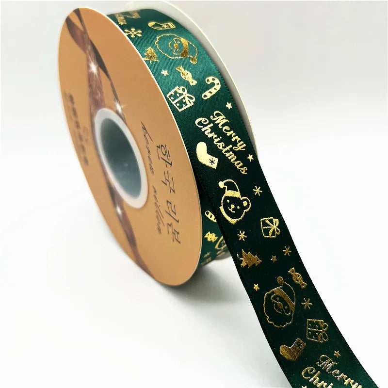 5yards 25mm Christmas Ribbon Printing Polyester Ribbon for Handmade Bow Party Christmas Decorations DIY Christmas Gift Wrapping