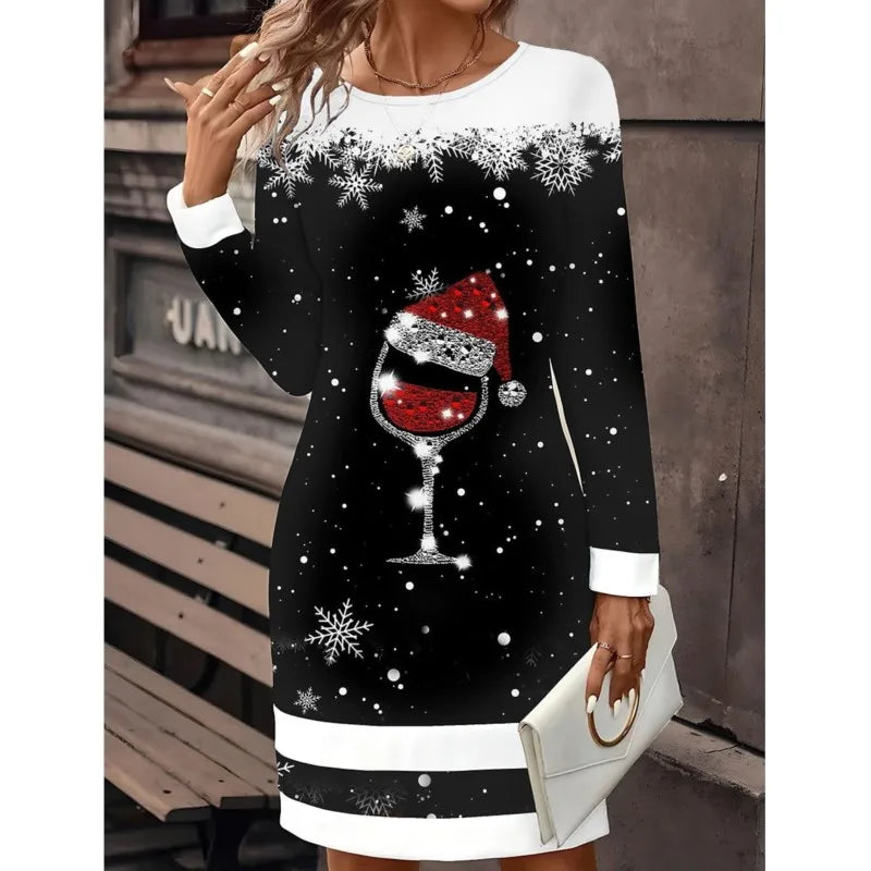 Elegant and Casual Women's Dress Black Christmas Dress Christmas Snowflake Wine Glass Print Mini Dress Long Sleeved O-Neck Dress