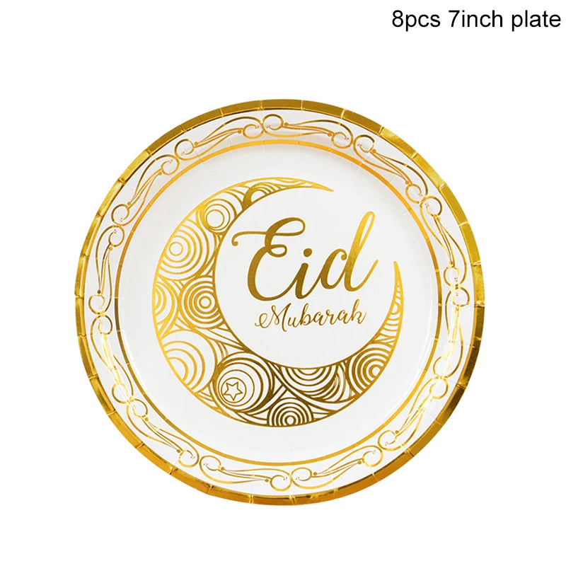 Eid Mubarak Disposable Tableware Gold Plate Cup Banner Gift Bags Islamic Muslim Party Supplies 2024 Ramadan Kareem Decorations