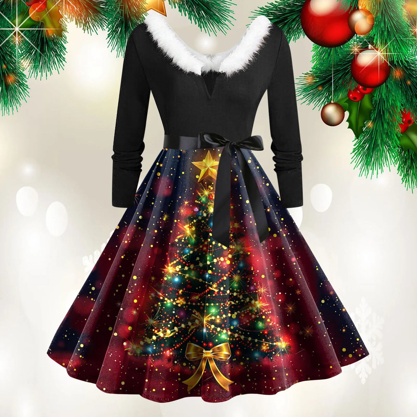 Christmas Print Vintage Dress Women Swing Robe Pinup Fur Collar Long Sleeve Party Dresses Autumn Winter A-Line Robes Vestido