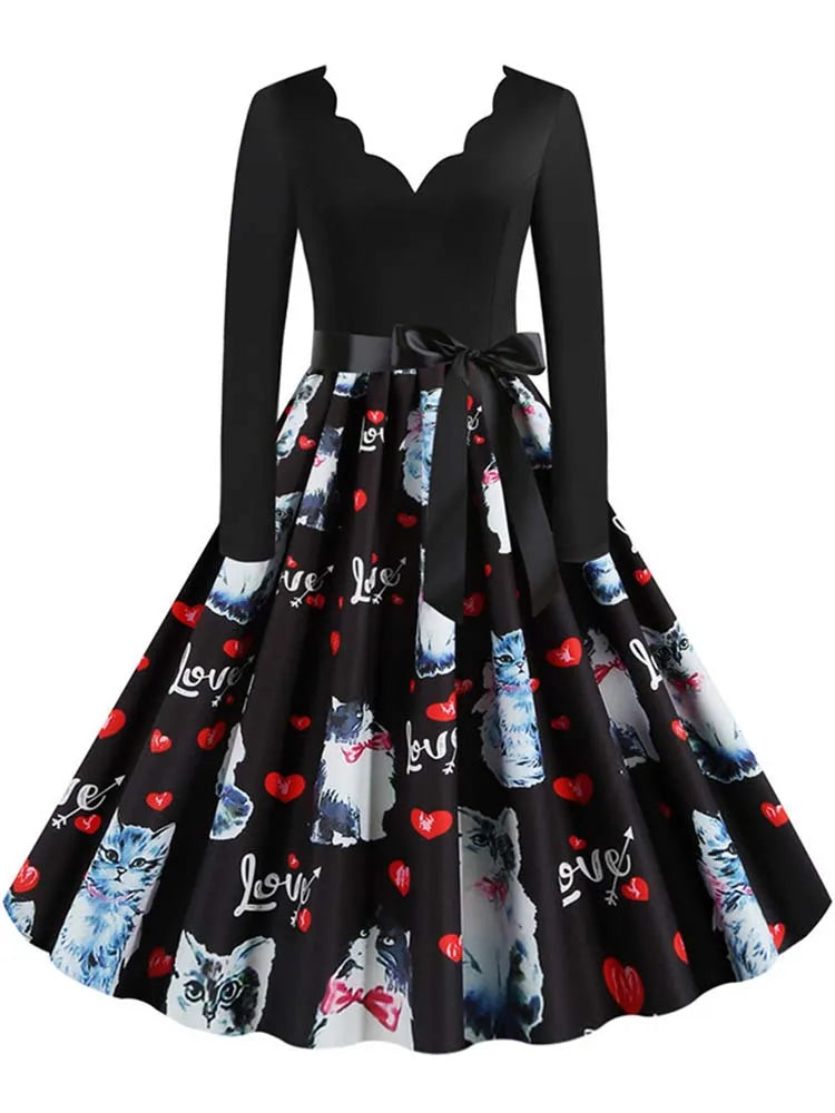 Black Big Swing Print Vintage Christmas Dress Women Winter Casual Long Sleeve v Neck Sexy New Year Party Dress S~3XL
