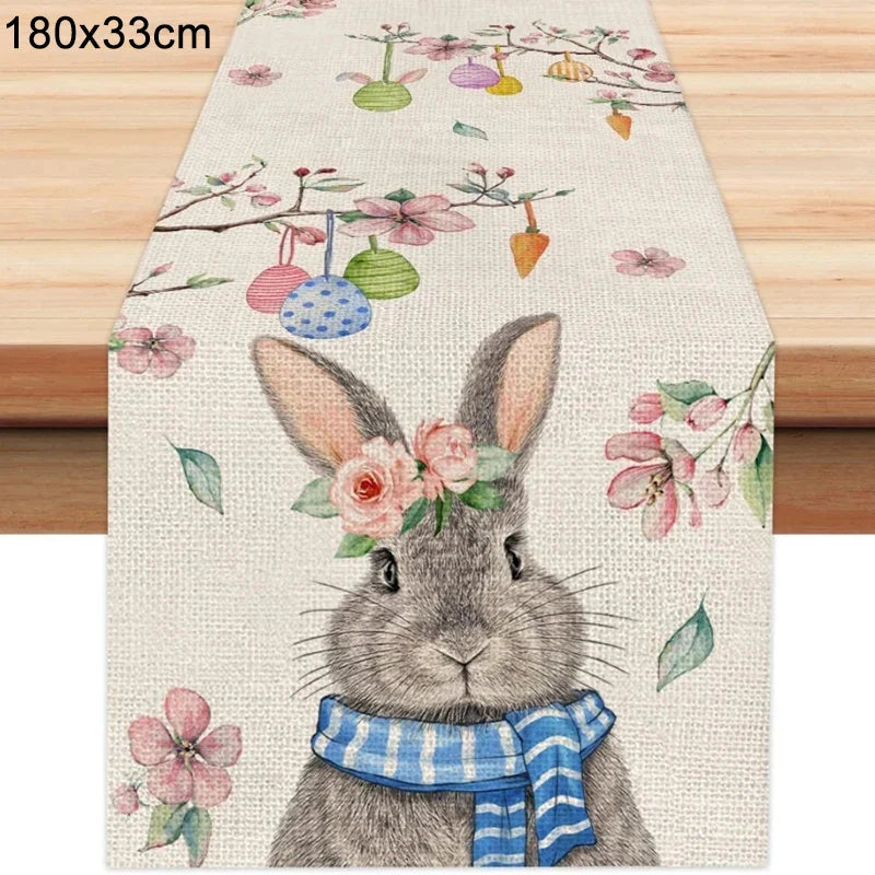 Linen Easter Table Runner Cute Bunny Dining Table Cloth 2024 Spring Holiday Happy Easter Decoration for Home Party Supplies Gift