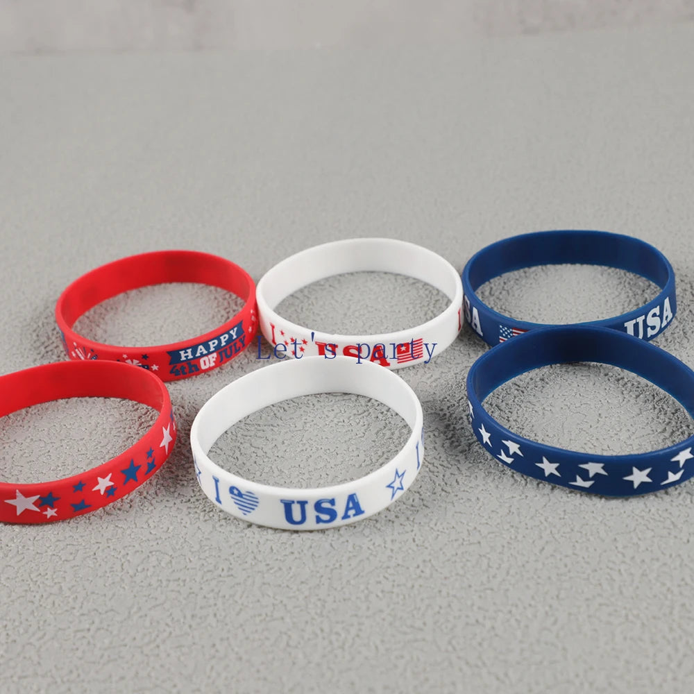 6Pcs Independence Day Theme Bracelet I Love USA Silicone Wristbands for Birthday 4th of July American National Day Party Favors
