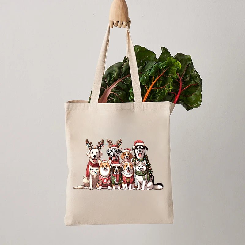 Christmas Dogs Pattern Tote Bag Canvas Shoulder Bag Women's Reusable Shopping Bags Best Gift for Xmas Dog Lover Christmas Gift