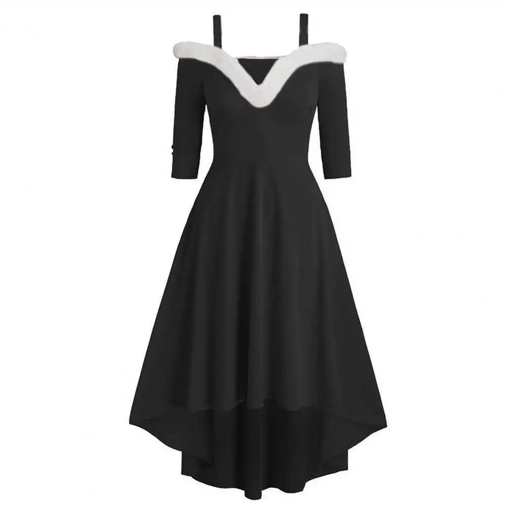 Women Dress Faux Fur Collar Sling Off Shoulder v Neck Long Sleeves Christmas Dress High Low Hem Midi Dress for Christmas