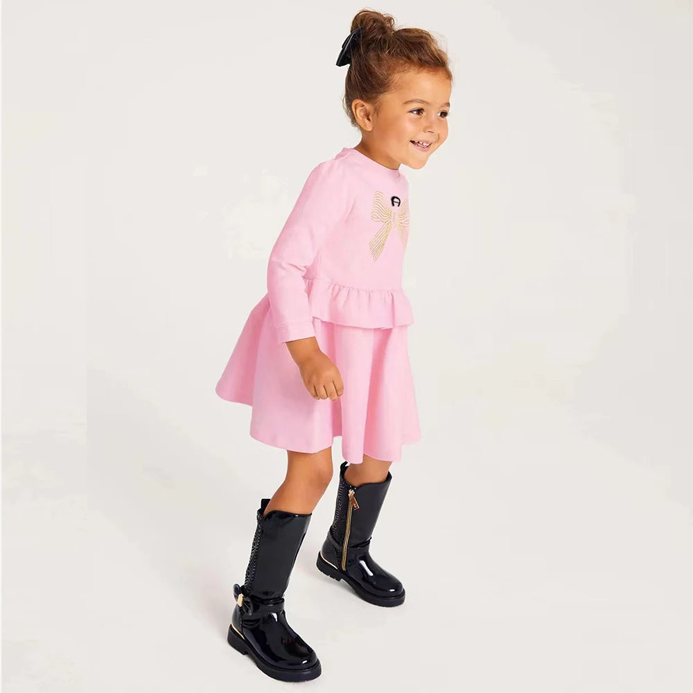 Sweet Beauty Baby Clothing Autumn New Bow Print Dress Pure Cotton Round Neck Long Sleeved Pink Girls' Casual Dress