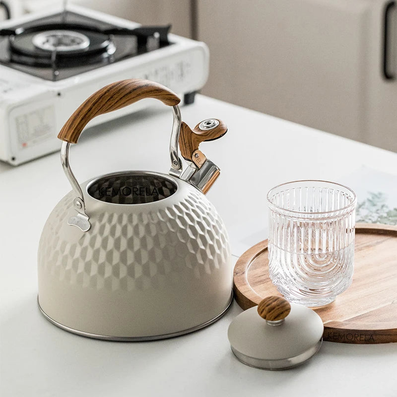2.5l/3l Whistle Kettle Stainless Steel Antirust Teapot Classic Wood Grain Insulated Handle Make Coffee Milk Flower Tea Teapot