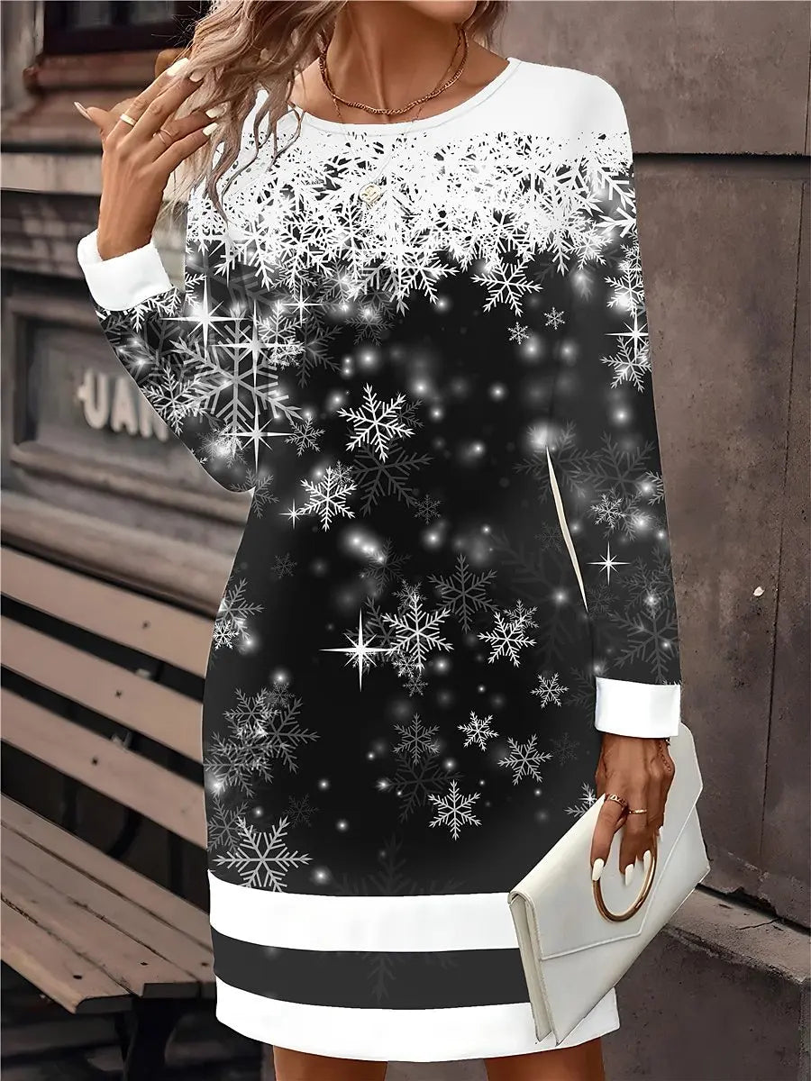 Elegant and Casual Women's Dress Black Christmas Dress Christmas Snowflake Wine Glass Print Mini Dress Long Sleeved O-Neck Dress