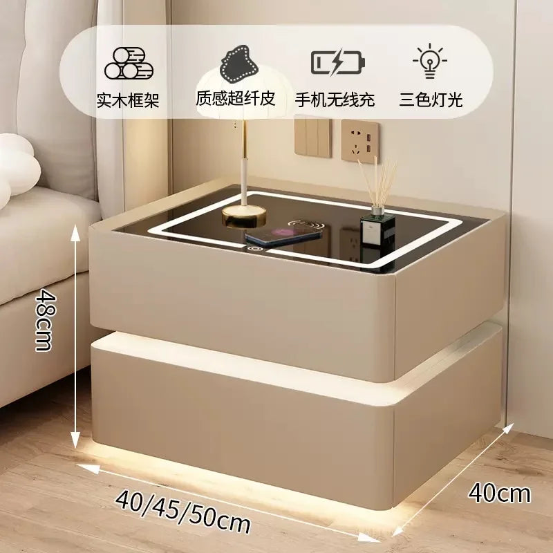Modern Style Solid Wood Bedside Table With Wireless Charging Smart 2 Drawers Bedroom Nightstands With Lock