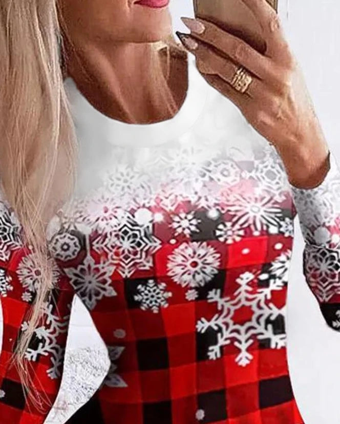Womens Dresses 2023 Spring Fashion Christmas Snowflake Plaid Print Casual O-Neck Long Sleeve Mini a Line Christmas Dress