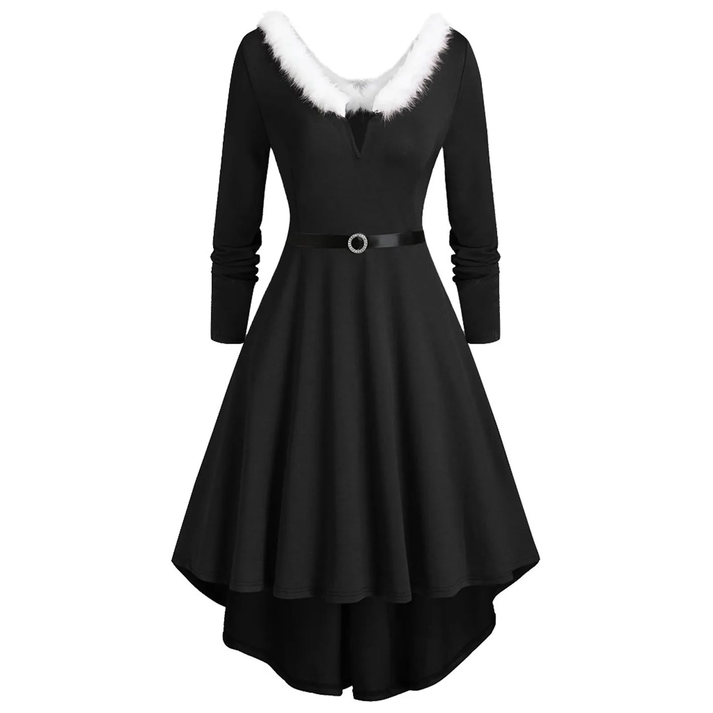 Christmas Party Long Dress Women Sexy V-Neck Red Swing Dress Winter White Plush Trim Pleated Asymmetric Midi Dress Santa Costume
