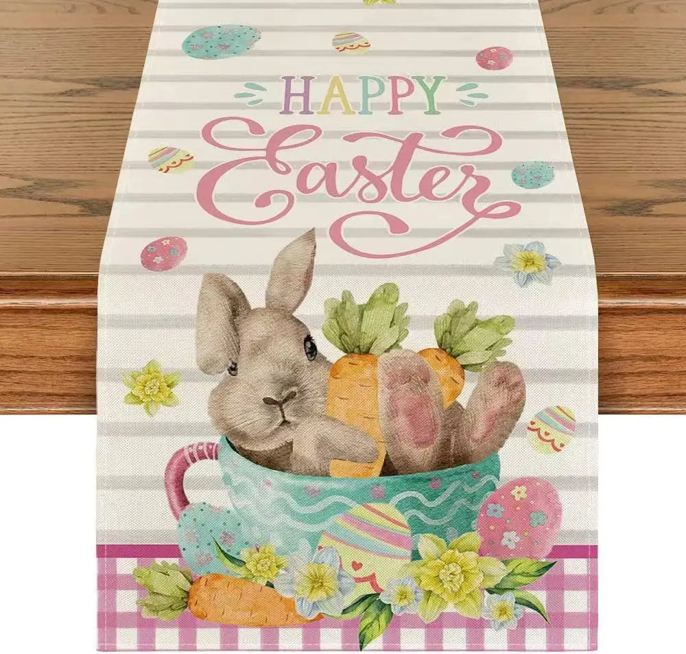 2024 Easter Rabbit Table Runner Linen Bunny Dining Table Cloth Placemat Spring Holiday Happy Easter Decoration for Home Kitchen