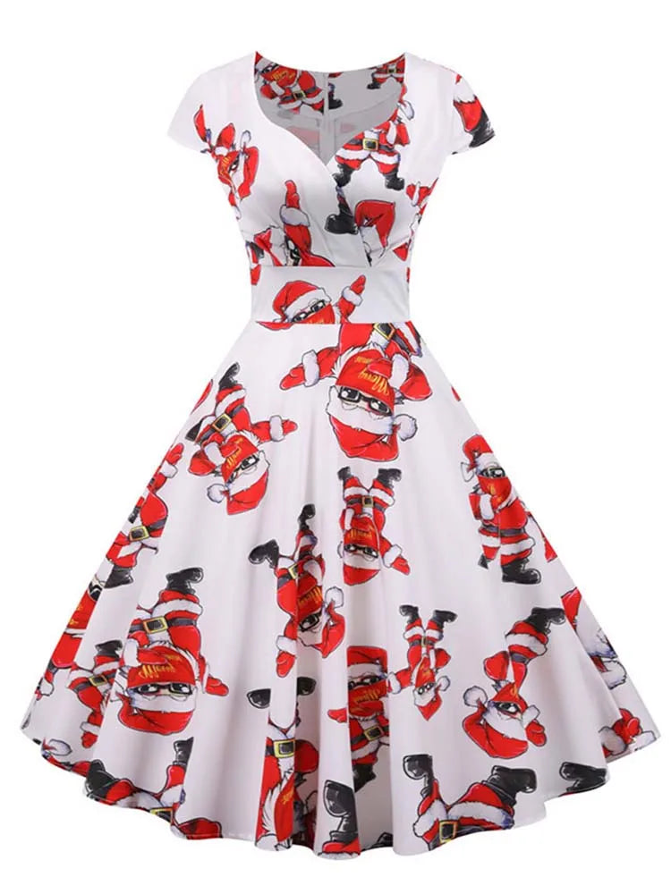 White Print Vintage Christmas Dress Women Winter Big Swing Elegant Short Sleeve v Neck Sexy New Year Party Sundress