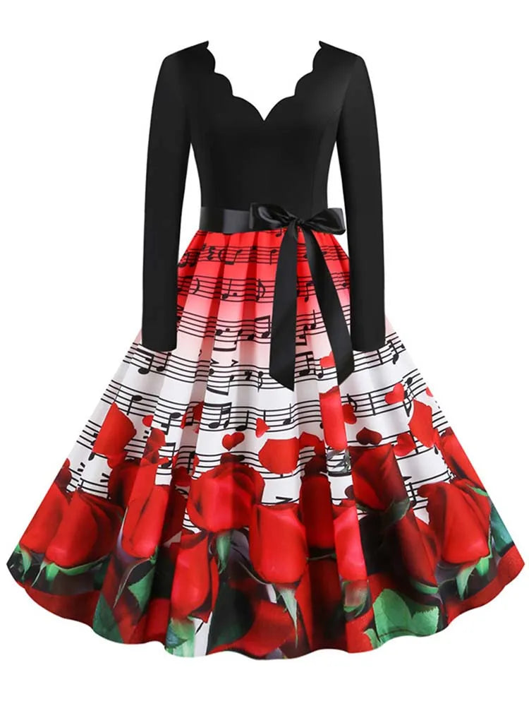 Black Big Swing Print Vintage Christmas Dress Women Winter Casual Long Sleeve v Neck Sexy New Year Party Dress S~3XL