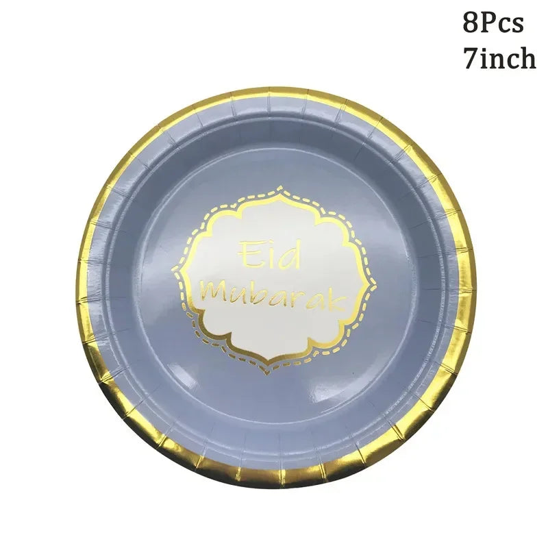 Hot Stamping Eid Mubarak Disposable Paper Plate Cup Napkin Islamic Muslim Eid Al Adha Home Party Decor Ramadan Kareem Supplies