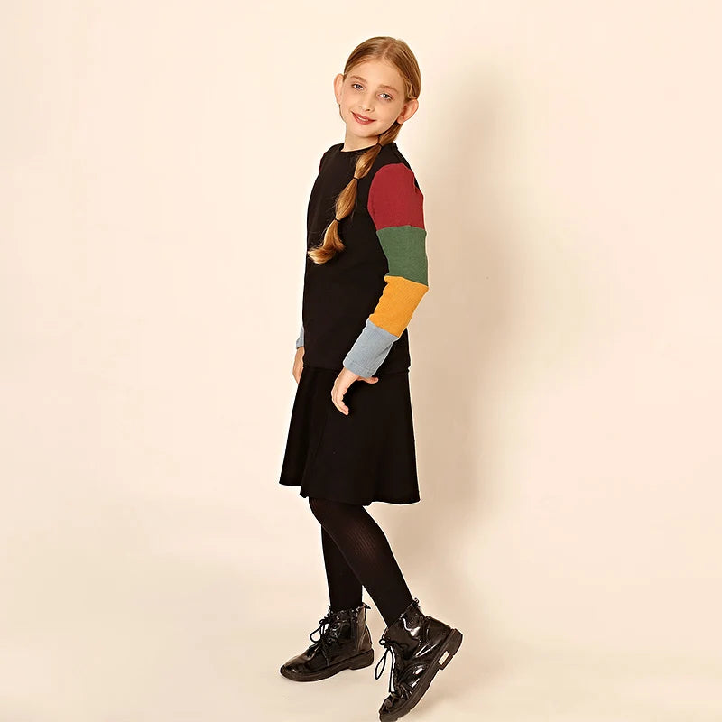 3t-12t Girls Dresses Fall Long Sleeve Clothes Children Color Block Casual T-Shirt Dresses Fashion Cotton Ribbed Knit Midi Dress