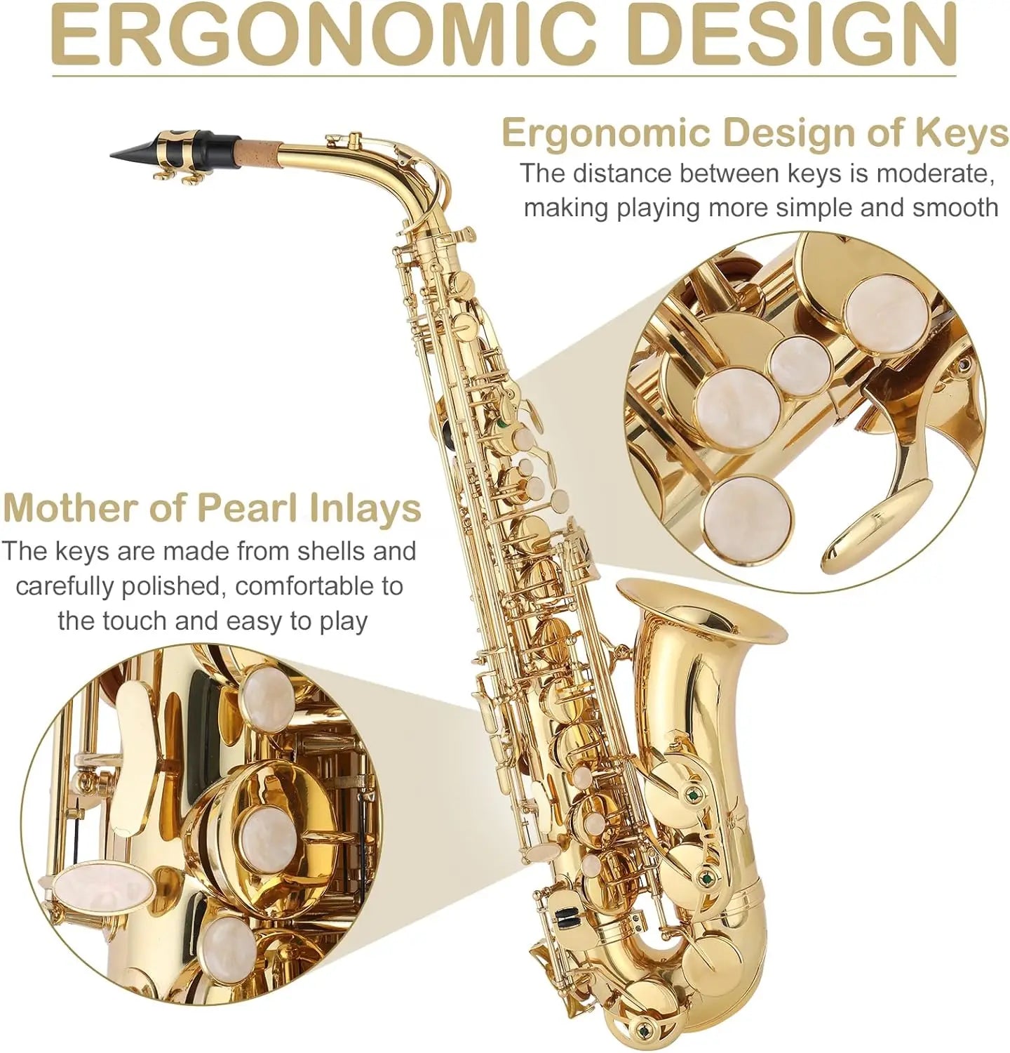 Kolnes Alto Saxophone Brass Lacquered Gold E Flat Sax Woodwind Instrument With Cleaning Brush Case Strap Gloves Accessories