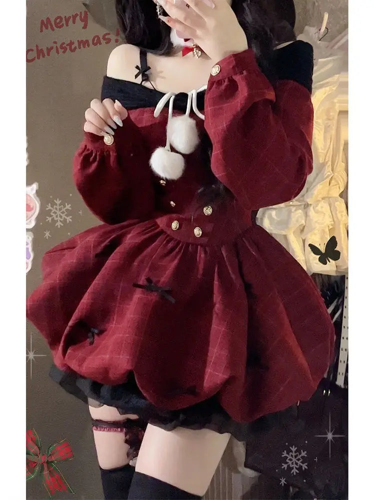 2025 Christmas Red Sweet Y2k Patchwork Women's Party Dress Slash Neck Long Sleeve Autumn Winter Ball Gown Dresses for Holiday