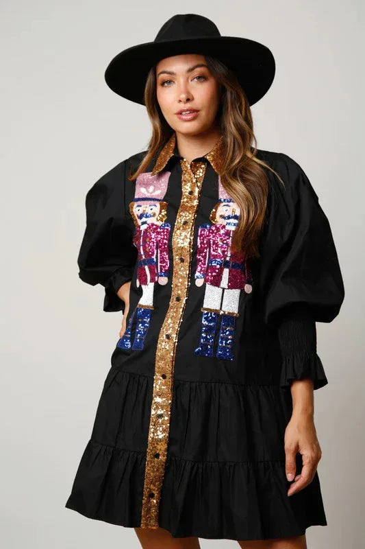 Sequin Christmas Women's Shirt Dress Outfit Holiday Nutcracker Tiered Dress Sweatshirt Dress Long Sleeve Tiered Mini Sundress