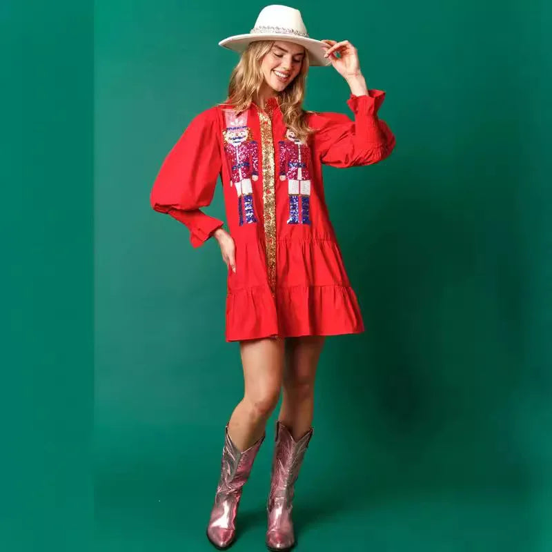 Sequin Christmas Women's Shirt Dress Outfit Holiday Nutcracker Tiered Dress Sweatshirt Dress Long Sleeve Tiered Mini Sundress