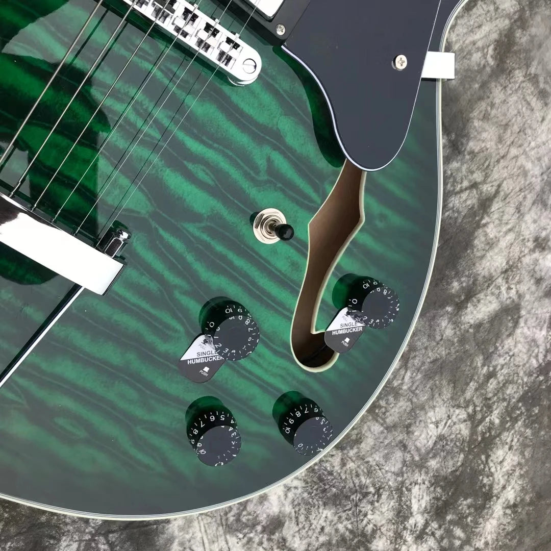 Upgrade Electro Green Guitar Flame Maple Jazz Hollow Body F Hole335 Style Electric Guitar Electricas Electro Electrique Guitare