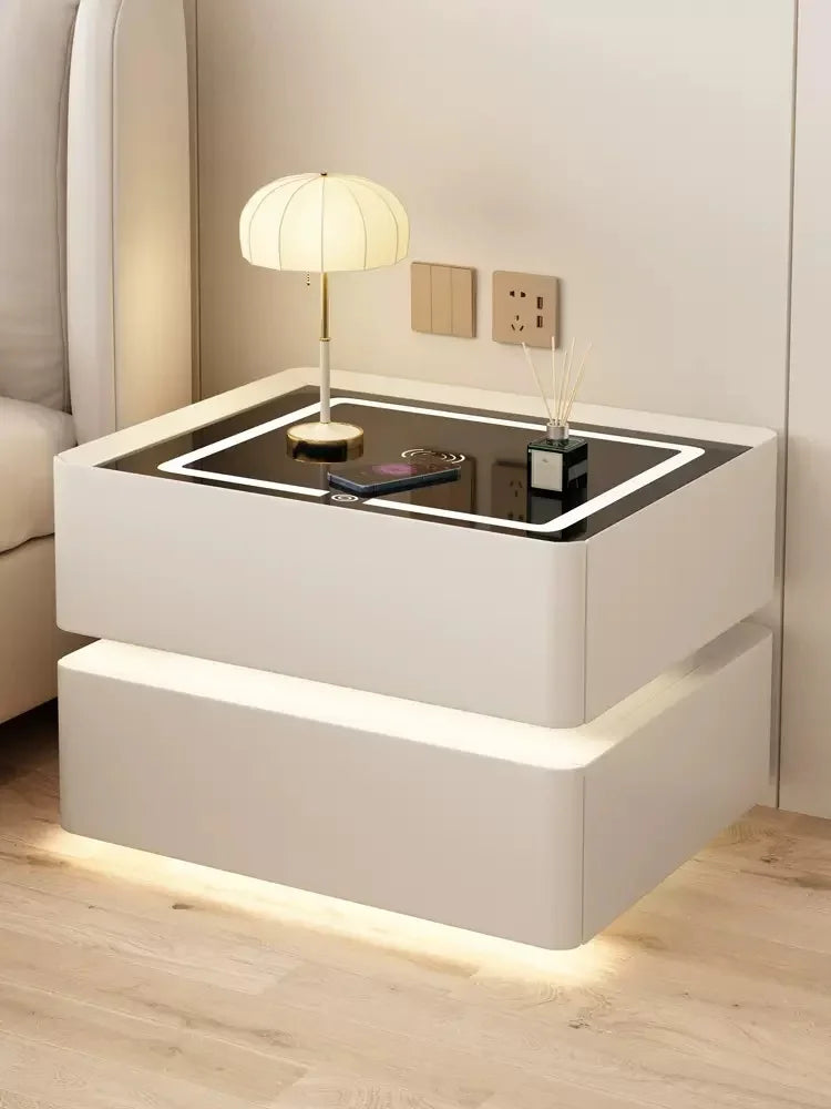 Modern Style Solid Wood Bedside Table With Wireless Charging Smart 2 Drawers Bedroom Nightstands With Lock