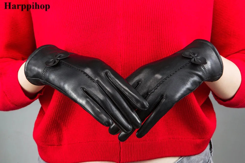2020 Women's Genuine Leather Gloves Red Sheepskin Gloves Autumn and Winter Fashion Female Windproof Gloves