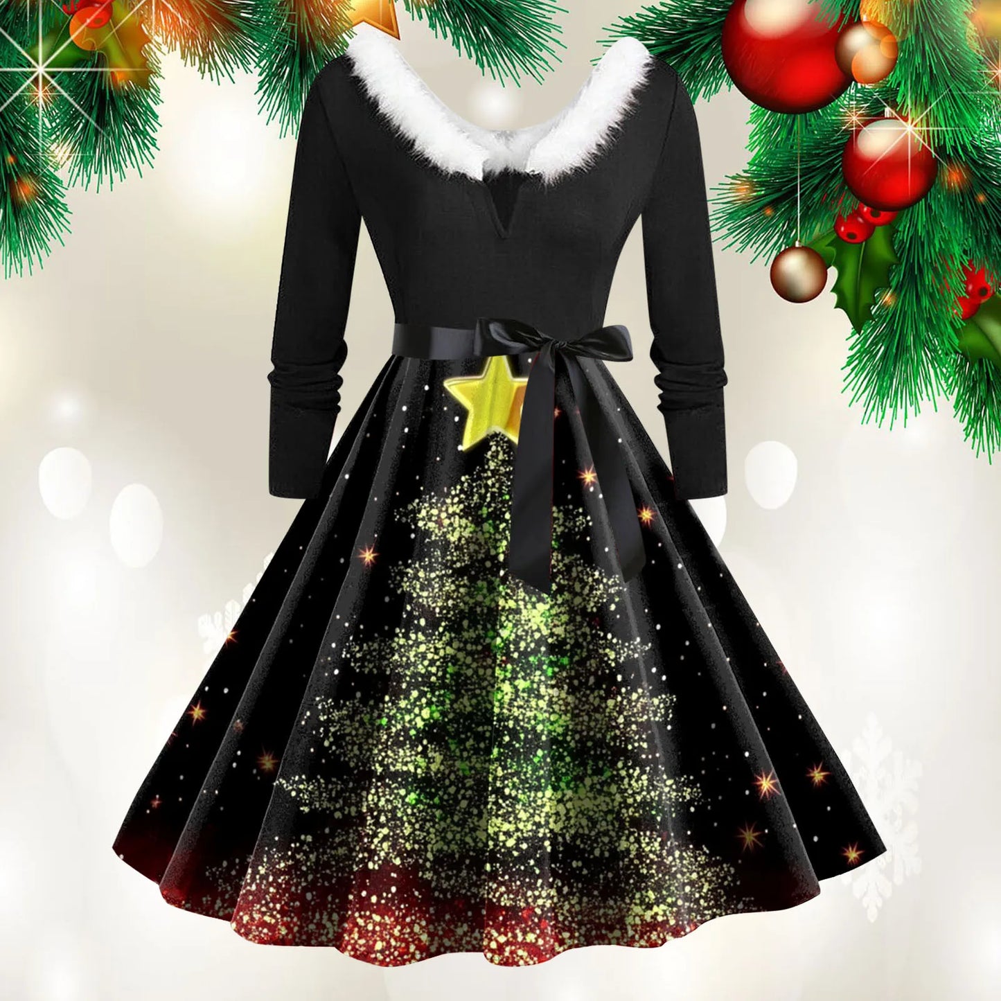 Christmas Print Vintage Dress Women Swing Robe Pinup Fur Collar Long Sleeve Party Dresses Autumn Winter A-Line Robes Vestido