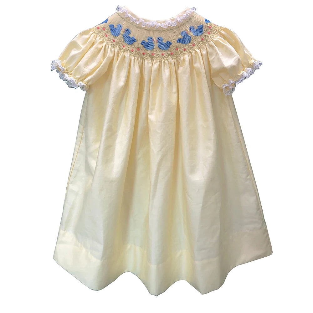 Girls Smocked Dress Handmade Bird Embroidered Yellow Cotton Puff Sleeves Princess Vintage Eid Clothing