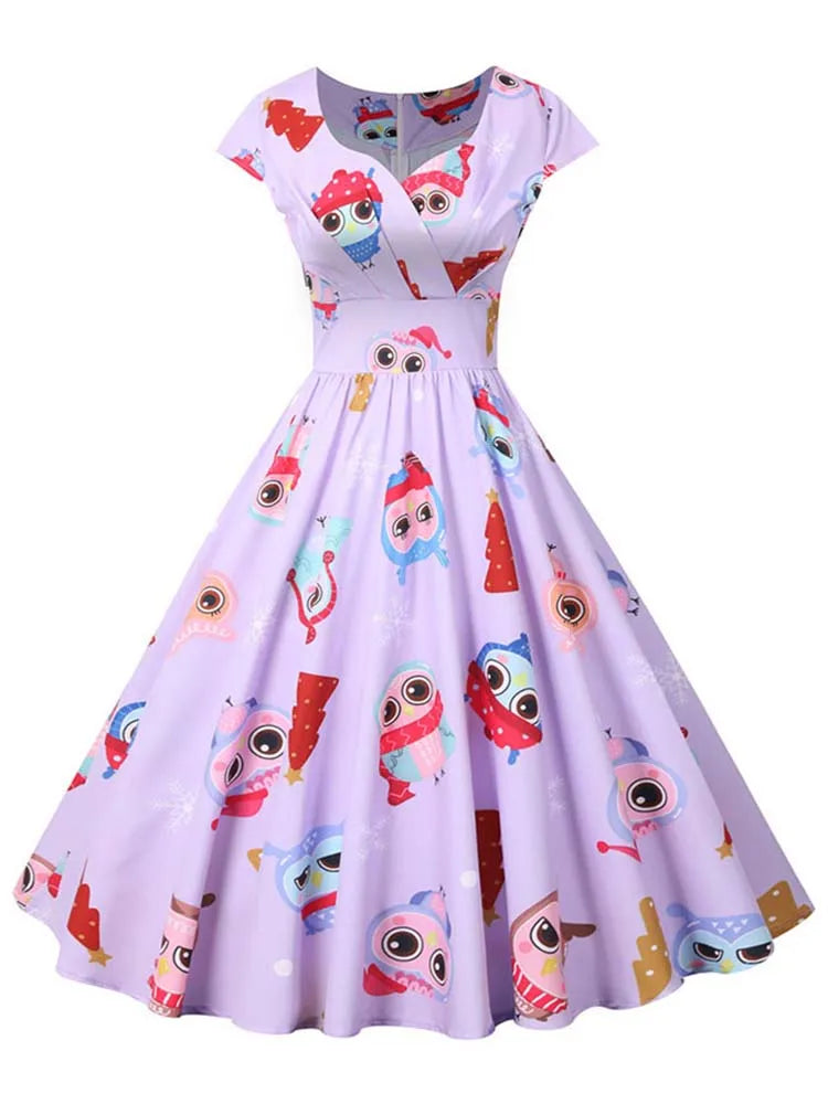 White Print Vintage Christmas Dress Women Winter Big Swing Elegant Short Sleeve v Neck Sexy New Year Party Sundress