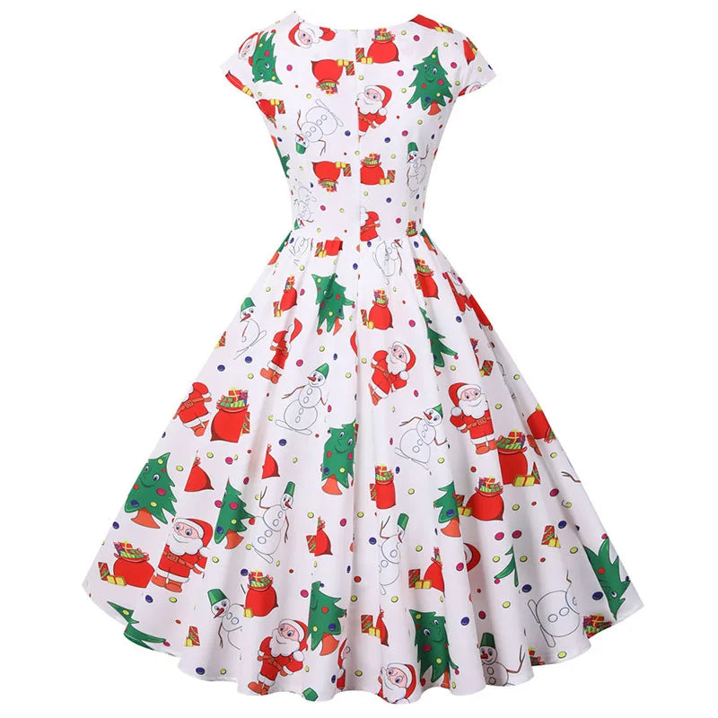 White Print Vintage Christmas Dress Women Winter Big Swing Elegant Short Sleeve v Neck Sexy New Year Party Sundress