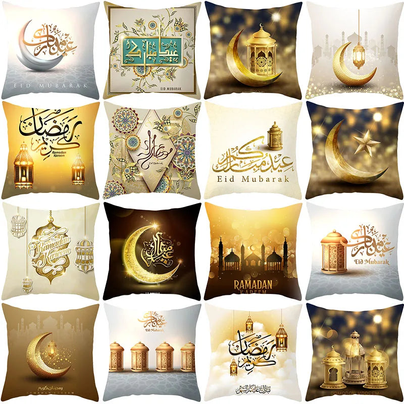 45cm Eid Mubarak Cushion Cover Golden Ramadan Pattern Home Decorative Pillowcase Islamic Muslim Party Favors Eid Party Supplies