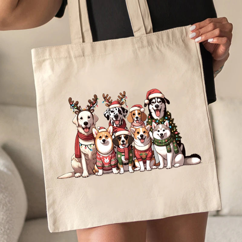 Christmas Dogs Pattern Tote Bag Canvas Shoulder Bag Women's Reusable Shopping Bags Best Gift for Xmas Dog Lover Christmas Gift
