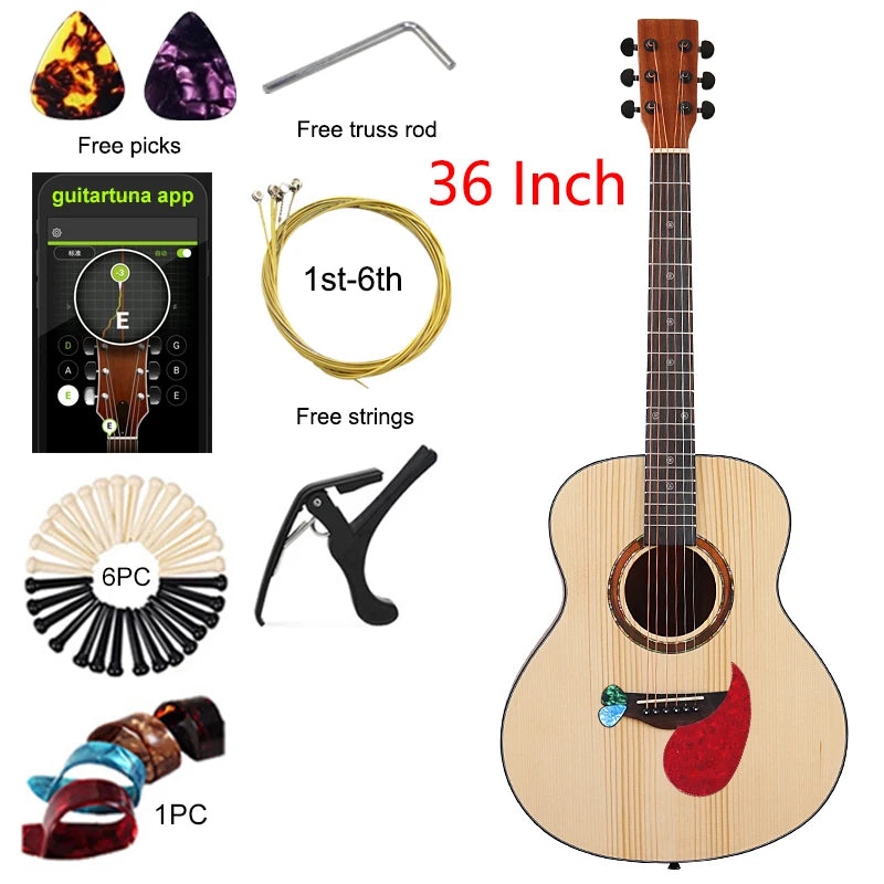 Travel Guitar 36 Inch Acoustic Guitar 6 String Mini Guitars Brown and Natural Color Folk Guitar Full Sapele