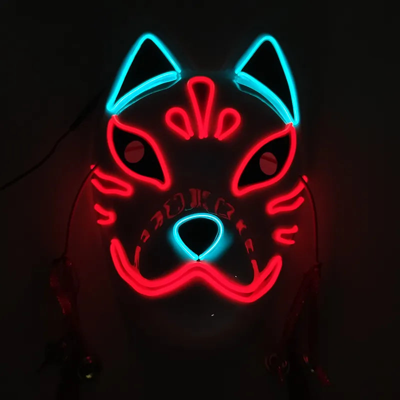 Glowing Demon Slayer Mask Cosplay Japanese Cartoon Neon Light Samurai Mascara Luminous Led Fox Mask for Halloween Christmas
