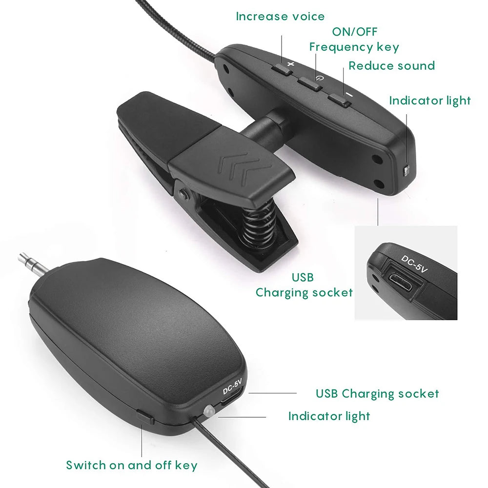UHF Saxophone Mic Wireless Microphone System Clip on Musical Instruments for Saxophone Trumpet Sax Horn Tuba Flute Clarinet Pipe