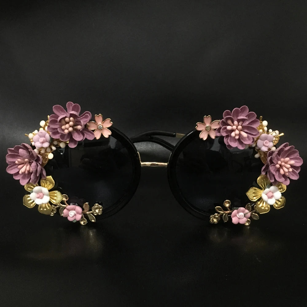 New Fashion Baroque Women Girls Metal Flower Sunglasses Retro Luxury Gems Sunglasses Summer Beach Glasses